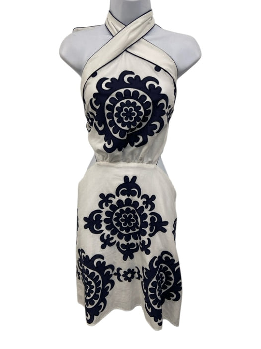 Lace Size L White & Navy Blue No Fabric Tag Tie Back Halter Open Back Dress White & Navy Blue / L