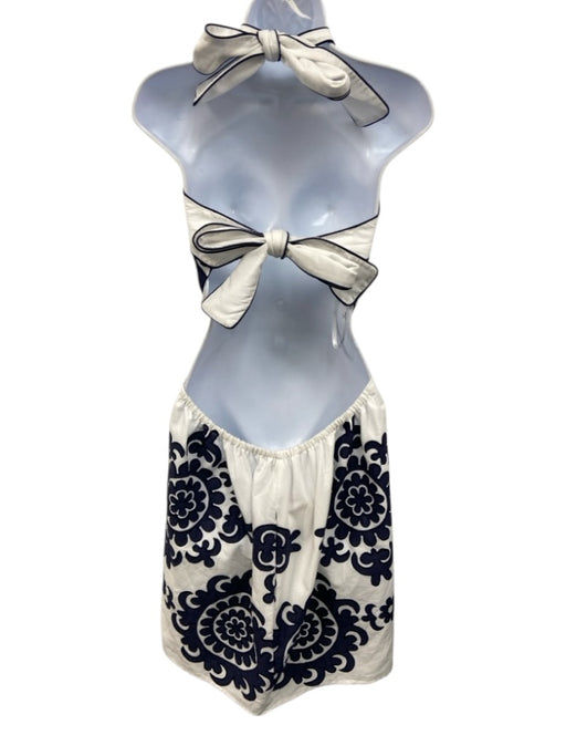 Lace Size M White & Navy Blue No Fabric Tag Tie Back Halter Open Back Dress White & Navy Blue / M