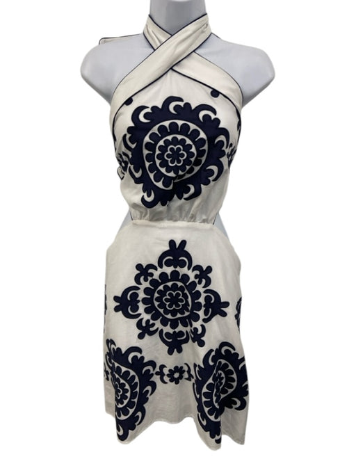 Lace Size M White & Navy Blue No Fabric Tag Tie Back Halter Open Back Dress White & Navy Blue / M