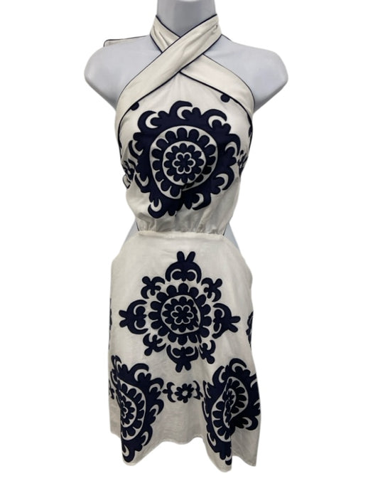 Lace Size M White & Navy Blue No Fabric Tag Tie Back Halter Open Back Dress White & Navy Blue / M