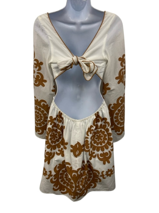 Lace Size M White & Brown No Fabric Tag Tie Back Long Flare Sleeve Dress White & Brown / M