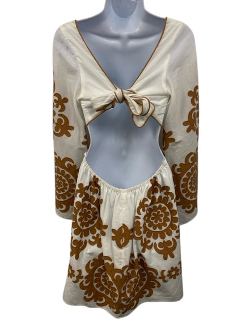 Lace Size L White & Brown No Fabric Tag Tie Back Long Flare Sleeve Dress White & Brown / L