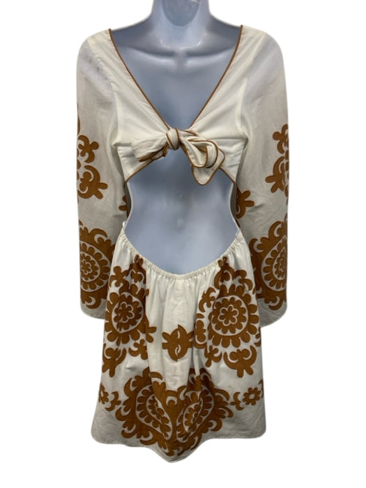 Lace Size L White & Brown No Fabric Tag Tie Back Long Flare Sleeve Dress White & Brown / L
