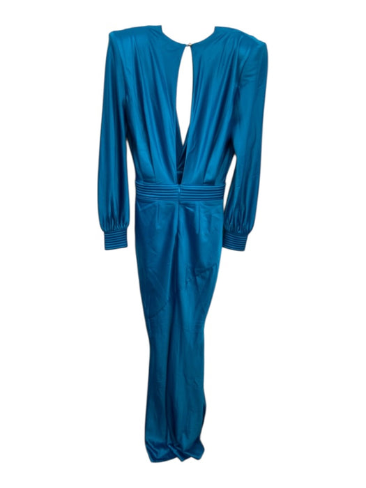 Zhivago Size 4 Teal Blue Polyester Blend Satin Shoulder Pads V Neck Gown Teal Blue / 4