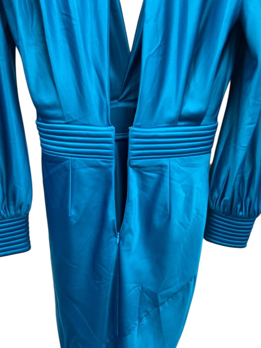 Zhivago Size 4 Teal Blue Polyester Blend Satin Shoulder Pads V Neck Gown Teal Blue / 4