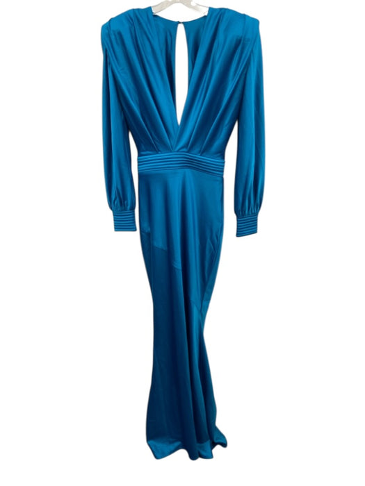 Zhivago Size 4 Teal Blue Polyester Blend Satin Shoulder Pads V Neck Gown Teal Blue / 4