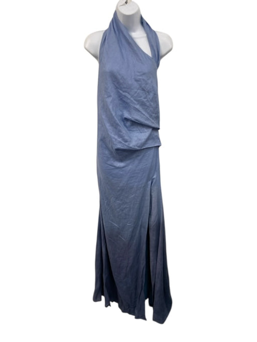 Azulu Size M Blue Linen Halter Gradient Ruched side Front Slit Dress Blue / M