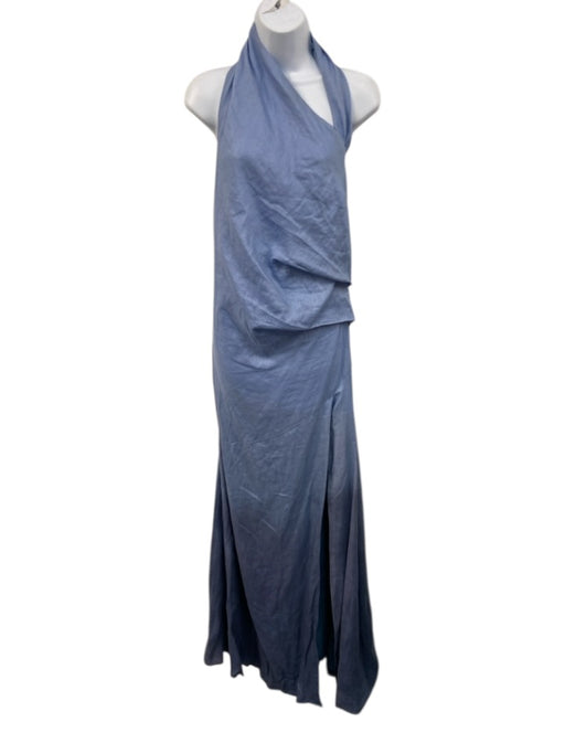 Azulu Size S Blue Linen Halter Gradient Ruched side Front Slit Dress Blue / S