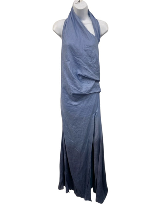 Azulu Size S Blue Linen Halter Gradient Ruched side Front Slit Dress Blue / S