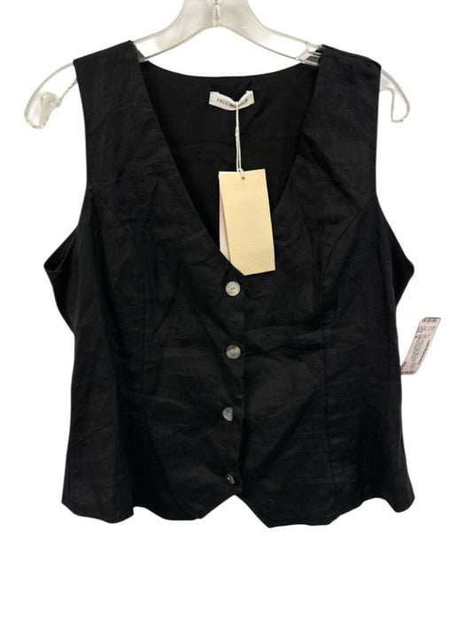 FREE the Label Size M Black Linen Sleeveless Button Front V Neck Vest Top Black / M
