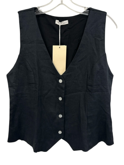 FREE the Label Size L Black Linen Sleeveless Button Front V Neck Vest Top Black / L