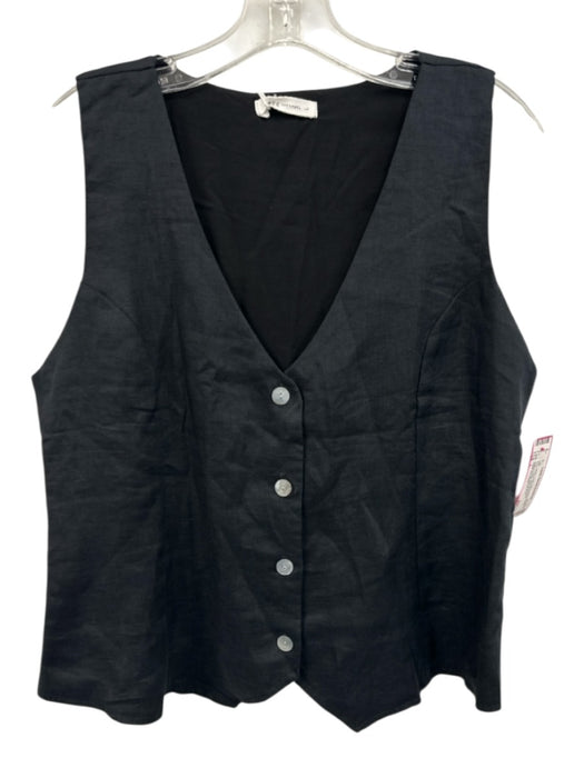 FREE the Label Size L Black Linen Sleeveless Button Front V Neck Vest Top Black / L