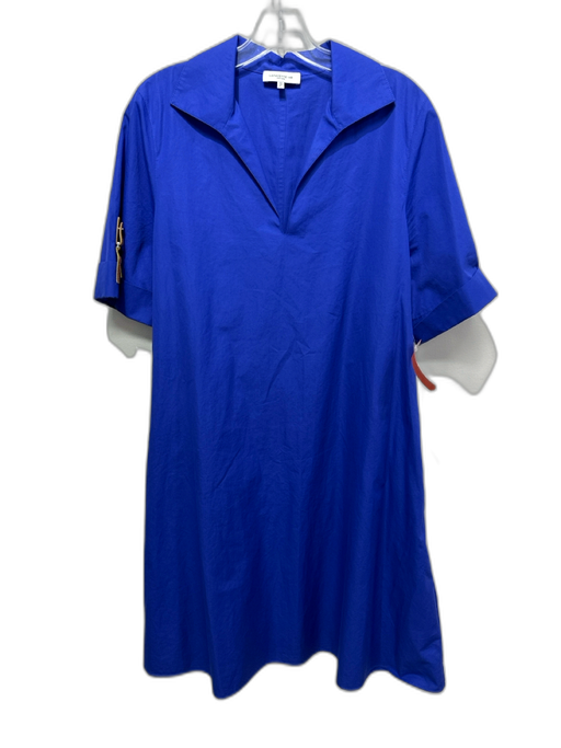 Lafayette 148 Size M Navy Cotton Short Sleeve V Neck Collar Below knee Dress Navy / M