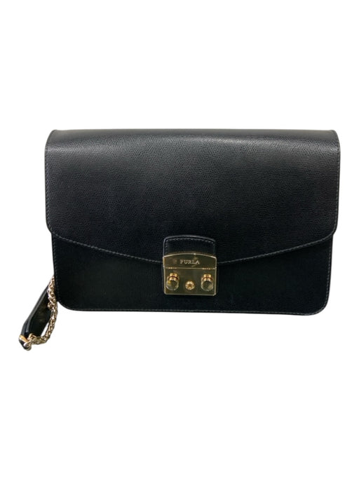 Furla Black Leather Pebbled Shoulder silver hardware Pinch Open Bag Black