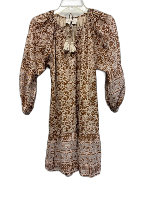 Cleobella Size S Beige & Brown Cotton Floral 3/4 Balloon Sleeve Dress Beige & Brown / S