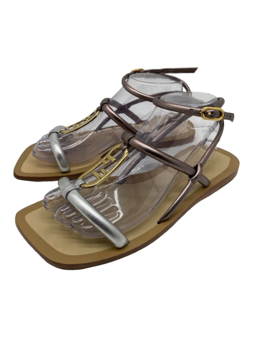 Fendi Shoe Size 40 Bronze, Silver, Tan, Gold Leather & Metal Logo Flat Sandals Bronze, Silver, Tan, Gold / 40