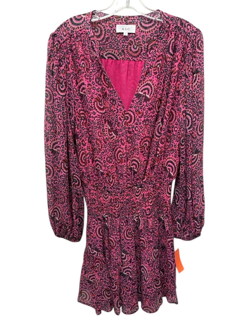 A.L.C. Size 10 Pink, Purple, Multi Silk Long Sleeve All Over Print V Neck Dress Pink, Purple, Multi / 10