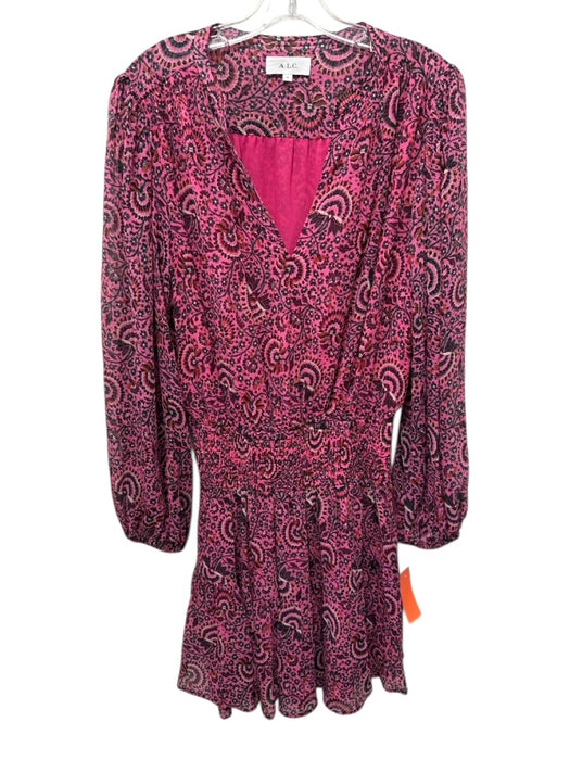 A.L.C. Size 10 Pink, Purple, Multi Silk Long Sleeve All Over Print V Neck Dress Pink, Purple, Multi / 10
