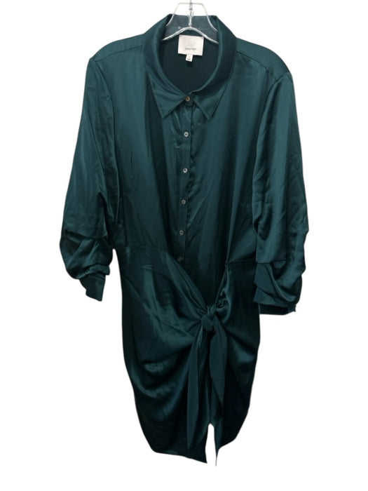 Cinq a Sept Size 14 Green Silk Long Sleeve Bunched Button Up Above Knee Dress Green / 14