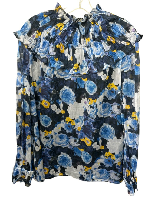 Lela Rose Size 14 Navy, Blue, Yellow Cotton Long Sleeve Floral high neck Dress Navy, Blue, Yellow / 14