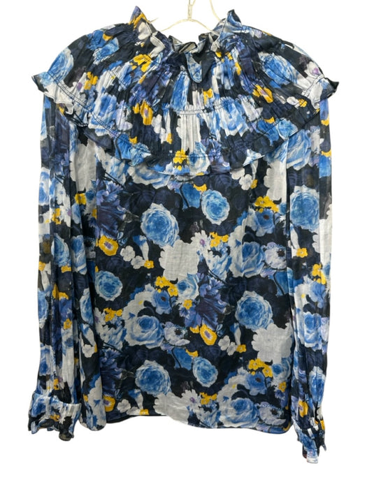 Lela Rose Size 14 Navy, Blue, Yellow Cotton Long Sleeve Floral high neck Dress Navy, Blue, Yellow / 14