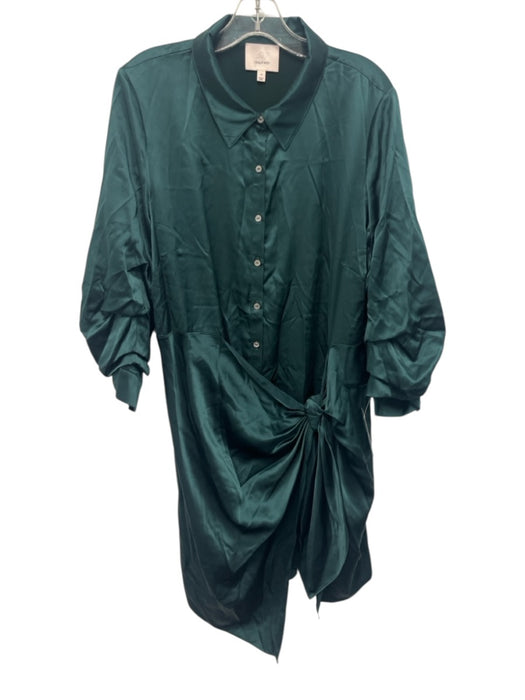 Cinq a Sept Size 14 Dark Green Silk Long Sleeve Satin Button Front Dress Dark Green / 14