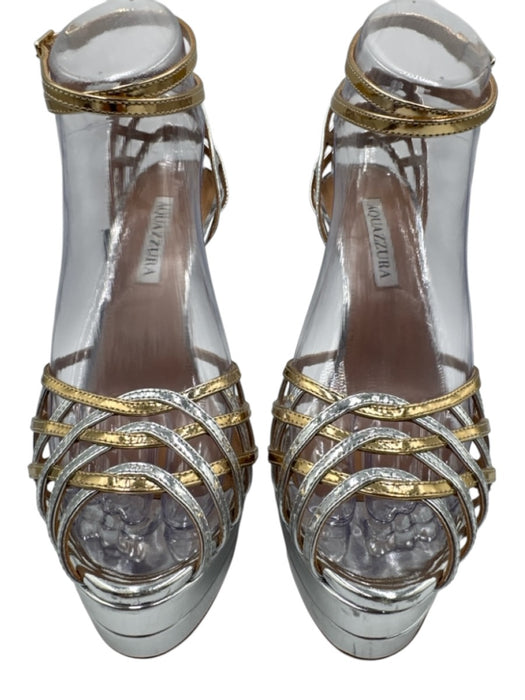 Aquazzura Shoe Size 38.5 Silver & Gold Patent Leather Peep Toe Cut Outs Pumps Silver & Gold / 38.5