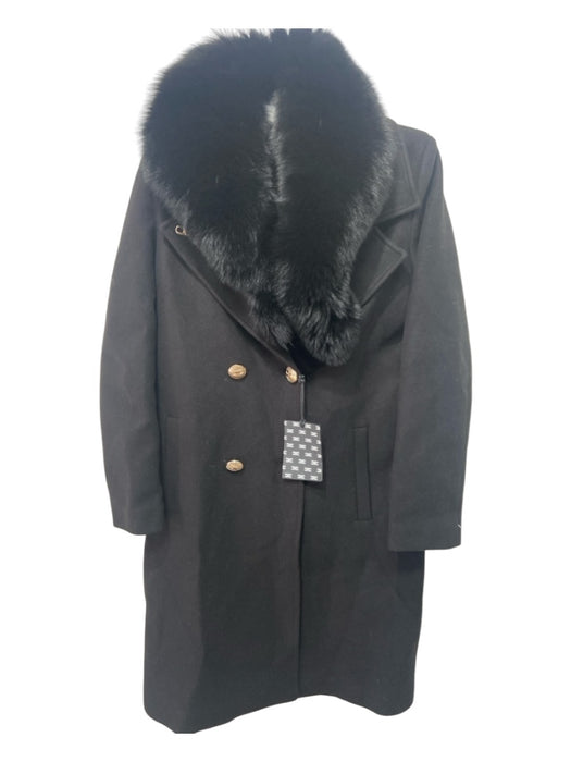 Elisabetta Franchi Size M Black Silk & Leather Faux Fur Double Breast Coat Black / M