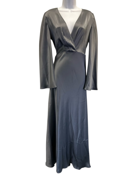St. John Size 6 Gray Triacetate Blend Satin Long Flare Sleeve V Neck Dress Gray / 6
