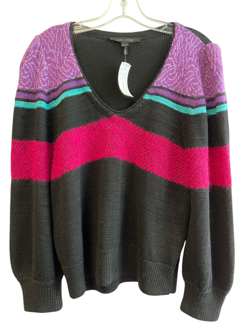 Marc Jacobs Size XL Black Pink Purple Acetate Knit V Neck Long Sleeve Sweater Black Pink Purple / XL