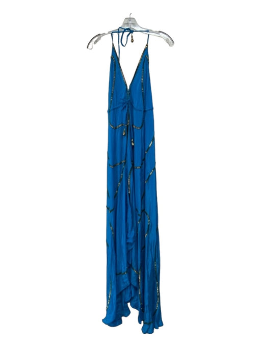 Manish Vaid Size One Size Blue & Gold Rayon Satin Beaded Drawstring Waist Dress Blue & Gold / One Size