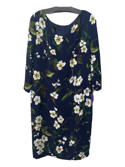 Escada Size 44 Navy, white & green Viscose V Neck Floral Zip Back Midi Dress Navy, white & green / 44