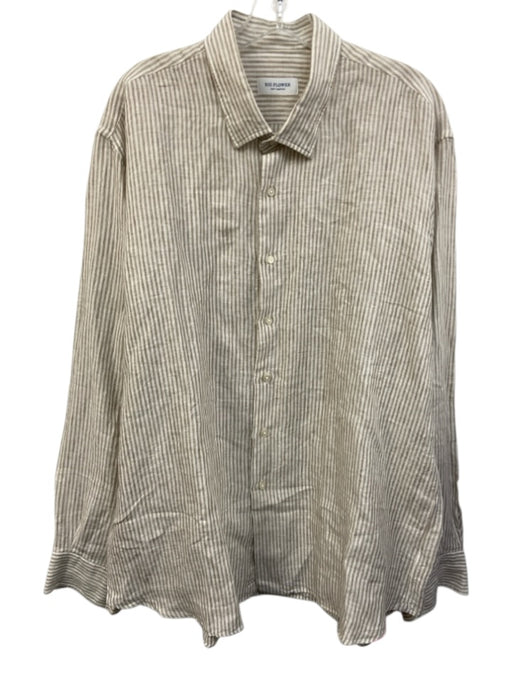 Big Flower Size XXL Tan & White Linen Striped Button Up Men's Long Sleeve Shirt Tan & White / XXL