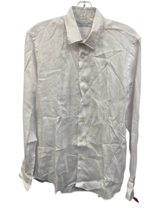 Vincenzo de Lauziers Size M White Linen Solid Button Up Men's Long Sleeve Shirt White / M