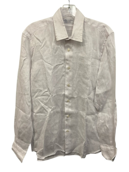 Vincenzo de Lauziers Size M White Linen Solid Button Up Men's Long Sleeve Shirt White / M