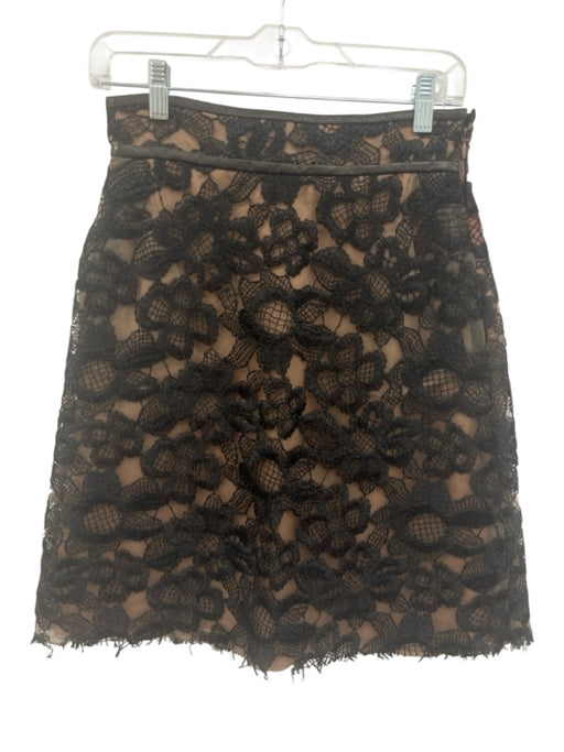 Valentino Size 6 Black & Tan Silk Floral Embroidered Mesh Overlay Skirt Black & Tan / 6