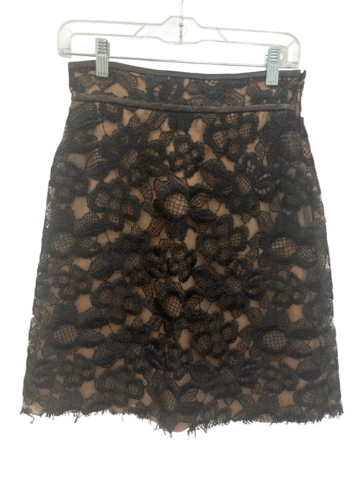 Valentino Size 6 Black & Tan Silk Floral Embroidered Mesh Overlay Skirt Black & Tan / 6