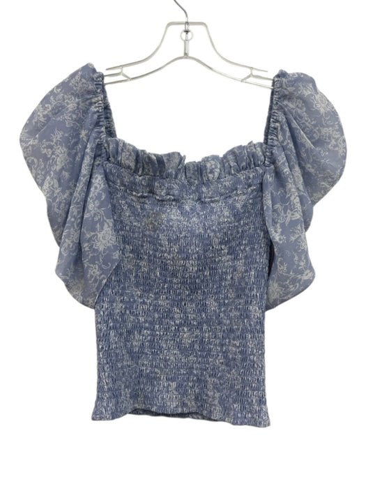 Caroline Constas Size XS Periwinkle Purple & White Polyester Floral Shirred Top Periwinkle Purple & White / XS