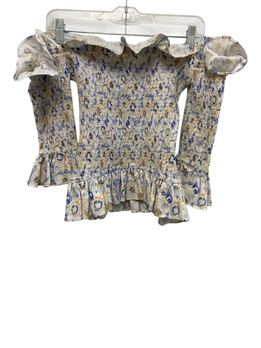Caroline Constas Size XS White, Blue & Yellow Cotton Blend Botanical Shirred Top White, Blue & Yellow / XS