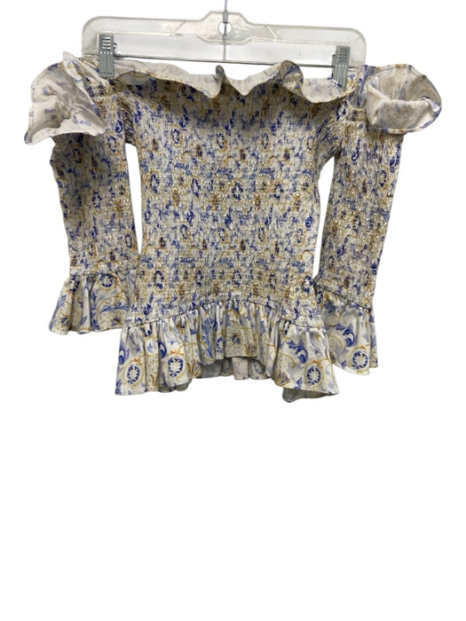 Caroline Constas Size XS White, Blue & Yellow Cotton Blend Botanical Shirred Top White, Blue & Yellow / XS