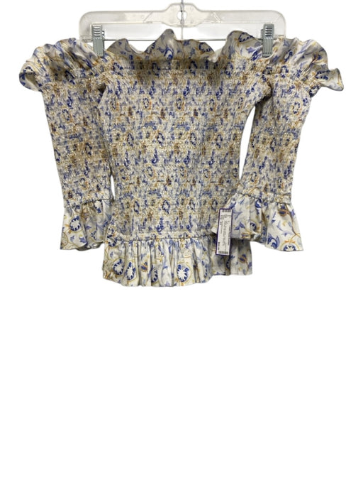Caroline Constas Size XS White, Blue & Yellow Cotton Blend Botanical Shirred Top White, Blue & Yellow / XS