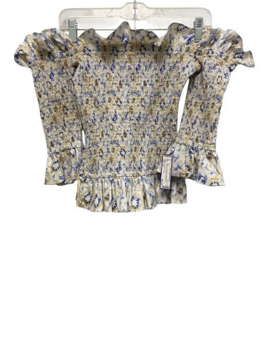 Caroline Constas Size XS White, Blue & Yellow Cotton Blend Botanical Shirred Top White, Blue & Yellow / XS