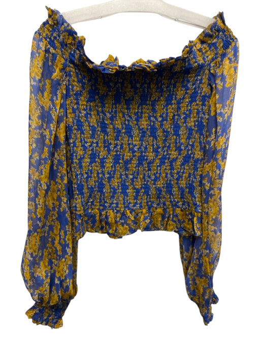 Caroline Constas Size XS Blue & Yellow Silk Floral Off Shoulder Shirred Top Blue & Yellow / XS