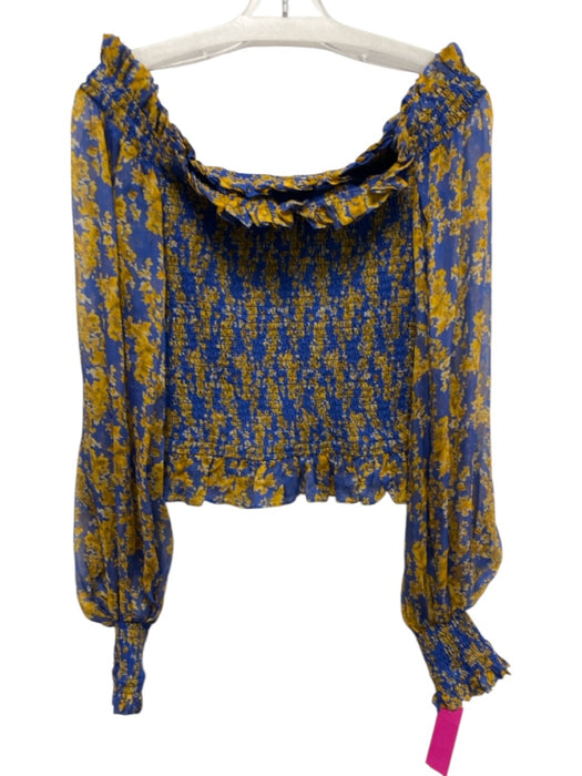 Caroline Constas Size XS Blue & Yellow Silk Floral Off Shoulder Shirred Top Blue & Yellow / XS