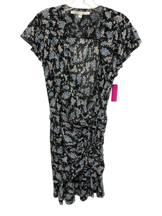 Veronica Beard Size 0 Black, Blue & White Silk Floral Ruffle Cap Sleeve Dress Black, Blue & White / 0