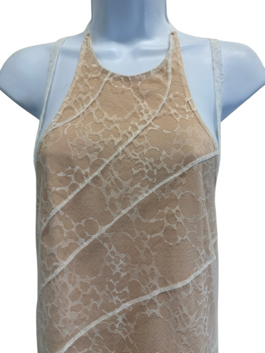 Joy Cioci Size 6 White & Beige Nylon Lace Overlay High Neck Open Back Dress White & Beige / 6