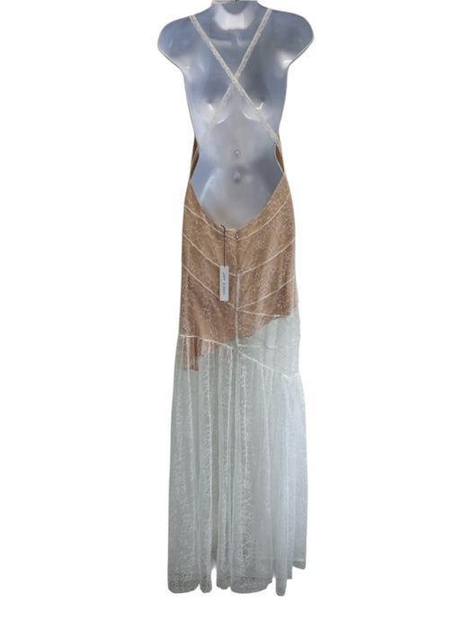 Joy Cioci Size 6 White & Beige Nylon Lace Overlay High Neck Open Back Dress White & Beige / 6