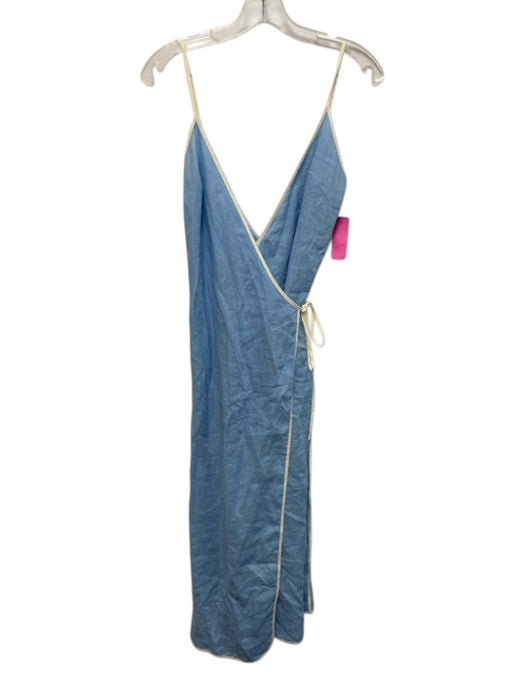 Esya Size S Blue & Cream White Linen Contrast Trim Spaghetti Strap V Neck Dress Blue & Cream White / S