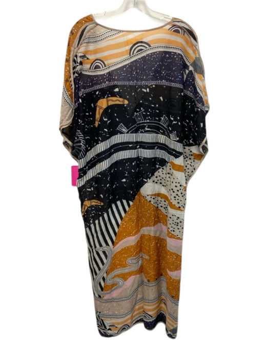 Nanushka Size L Navy Blue, Black & Orange Cotton & Silk Cap Sleeve V Neck Dress Navy Blue, Black & Orange / L