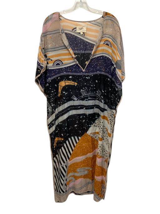 Nanushka Size L Navy Blue, Black & Orange Cotton & Silk Cap Sleeve V Neck Dress Navy Blue, Black & Orange / L